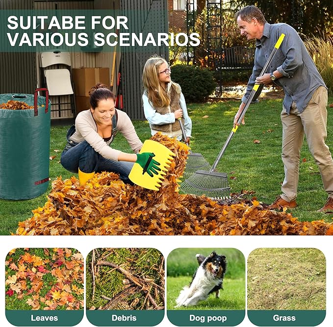 Adjustable Garden Leaf Rake Set, 18" Wide, 25 Tines, 37-79" Handle Metal Leaf Rake with 2 Pack 32 Gallons Leaf Bags and Scoops. Heavy Duty Graden Rakes Set for Lawn, Grass, Shrubs, Flower Beds