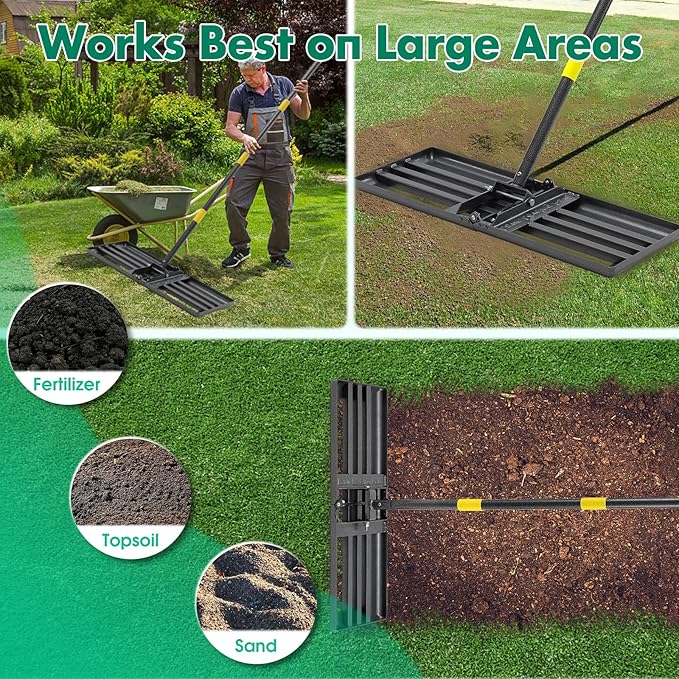 Lawn Leveling Rake,Folding 30x10 Inch Ground Plate,56 Inch Adjustable Long Handle Yard Level Tool with Curved Edge,Heavy Duty Landscaping Lawn Leveler for Grass, Golf Field, Soil Sand Dirt Spreader
