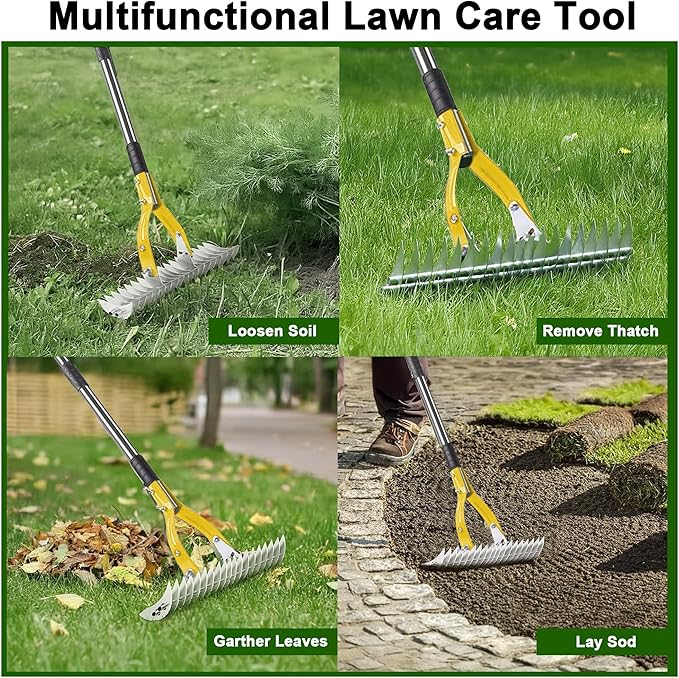 Thatch Rake,15" Lawn Dethatcher Rakes,Dead Grass Remover,Manual Dethatching Rake with Adjustable Length Handle,Scarifier Rake,Thatching Rakes for Lawns Grass Loosening Soil