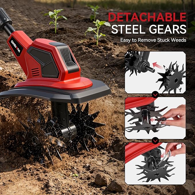 Cordless Tiller for Gardening, 360RPM Electric Garden Tiller with 2x4.0Ah Batteries & Charger, 9.5In Tilling Width and 6.7In Depth Garden Rototiller Cultivator for Lawn, Gardening, Soil Cultivation