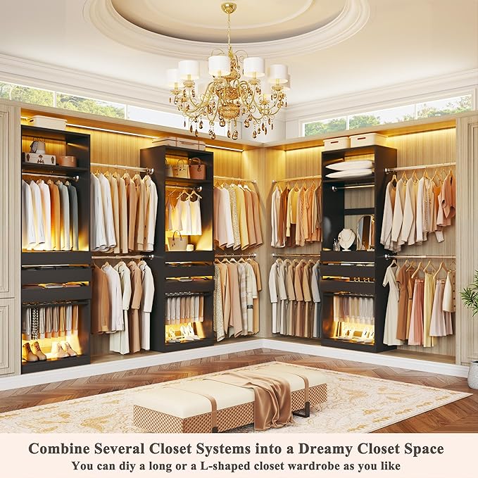 Closet System, 4-8FT Closet Organizer with 3 Wood Drawers & Glass Top, 102'' Walk in Closet with 5 Hang Rods & LED Lights & Trouser Rack, Built-in Wardrobe Clothes Rack with Shelves and Tower, Black