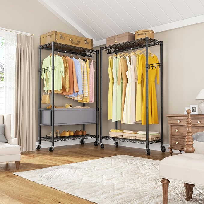 Heavy Duty Clothes Rack Rolling Garment Rack,3 Tier Adjustable Wire Shelving Clothing Racks for Hanging Clothes with Double Rods&Side Hooks,Freestanding Wardrobe Storage Rack Metal Portable Closet
