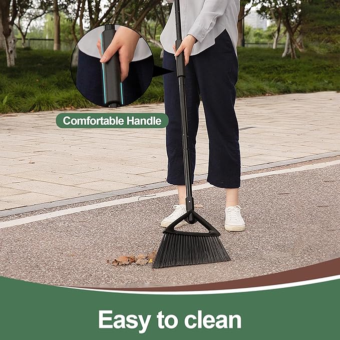 Eyliden Broom, Angle Broom with 57" Long Handle, PET Bristles - Fit Heavy-Duty Cleaning, Also Works Well Fine Dust - Commercial Outdoor Indoor Sweeper for Courtyard Sidewalk Deck Kitchen Lobby, Black