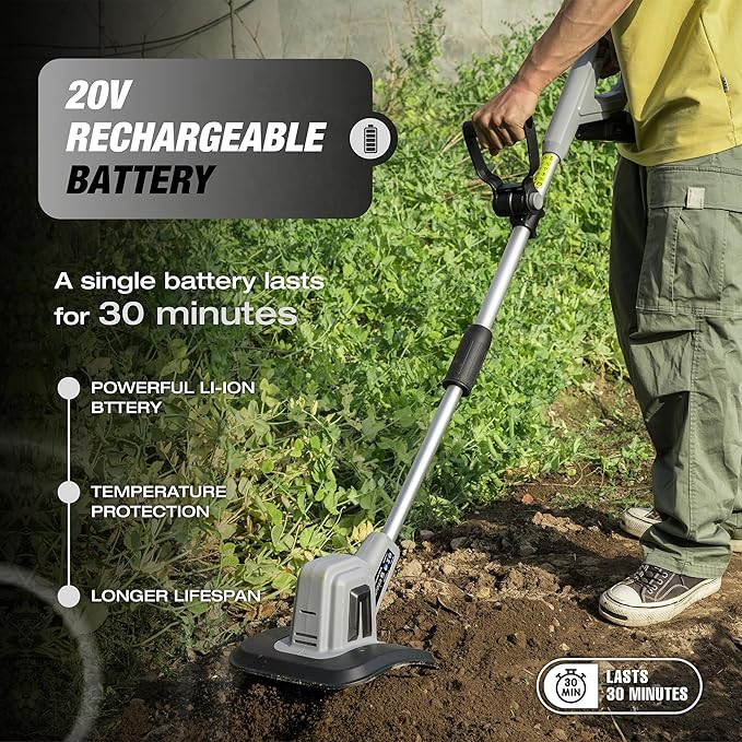 20V Cordless Tiller Cultivator, 360RPM Electric Garden Tiller with 2.0Ah Battery & Charger, 9" Tilling Width, 6.6" Depth, Ideal for Lawn, Garden Beds, and Soil Cultivation
