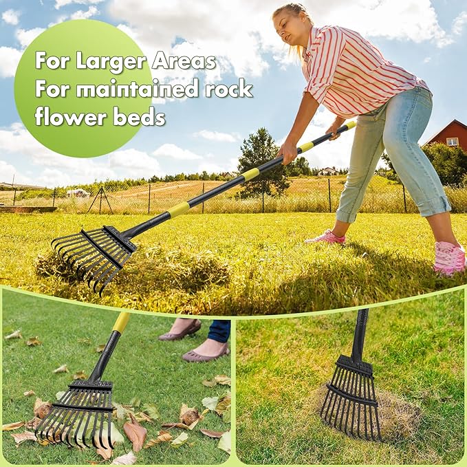 INFLATION Garden Rake for Leaves Sturdy Metal Small Yard Leaf Rakes for Lawns 60” Length 8.5 Inch Width 11 Tines for Women Men Kids Lightweight with Non-Slip Comfortable Smooth Long Handle