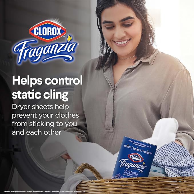 Clorox Fraganzia Fabric Softener Dryer Sheets, Wrinkle Reducing and Anti Static Laundry Dryer Sheets for Great Smelling Clothes, Softens Fabrics, Lavender with Eucalyptus Scent, 80 Count