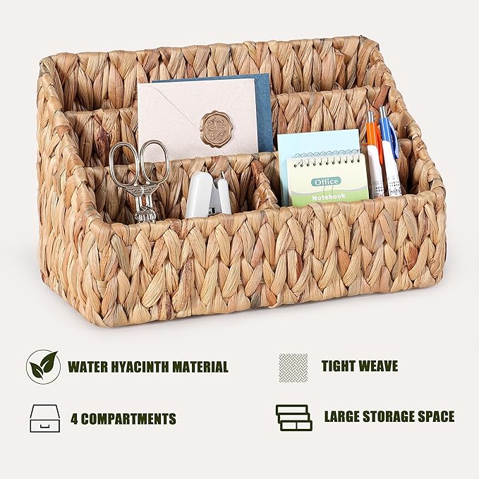 Natural Farmhouse Desk Organizers and Storage, Large Countertop Mail Holder, Tabletop Organizer (Water Hyacinth)