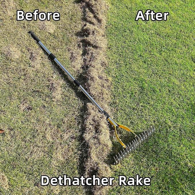 Thatch Rake 15 Inch Wide Efficient Dethatcher Rake for Cleaning Dead Grass, Combs Turf & Loosens Soil, Steel Metal Grass Rakes with Stainless Steel Handle Versatile Leveler &Cleans for Garden