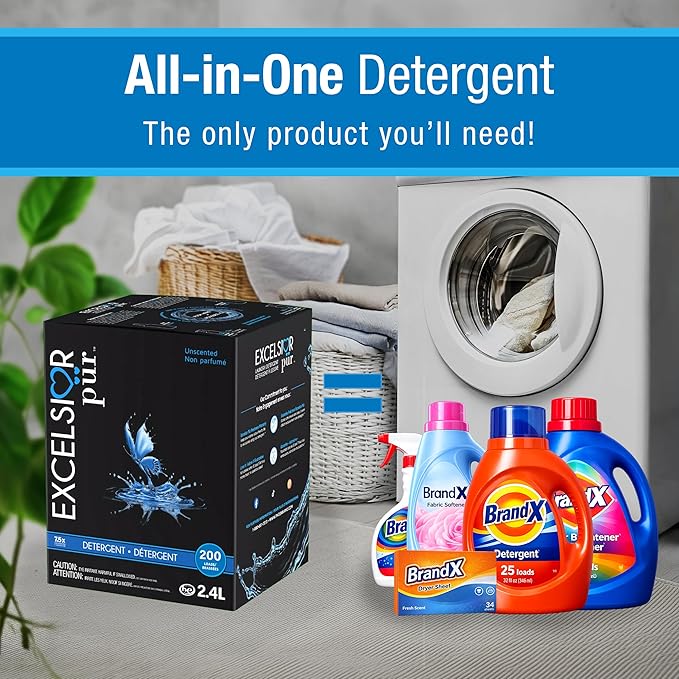Excelsior Pür 7.5x Concentrated Laundry Detergent, 2.4 L (200 Loads), Fragrance Free/Unscented, Odor Control, Eco-Dispenser + Stain Remover, HE Compatible