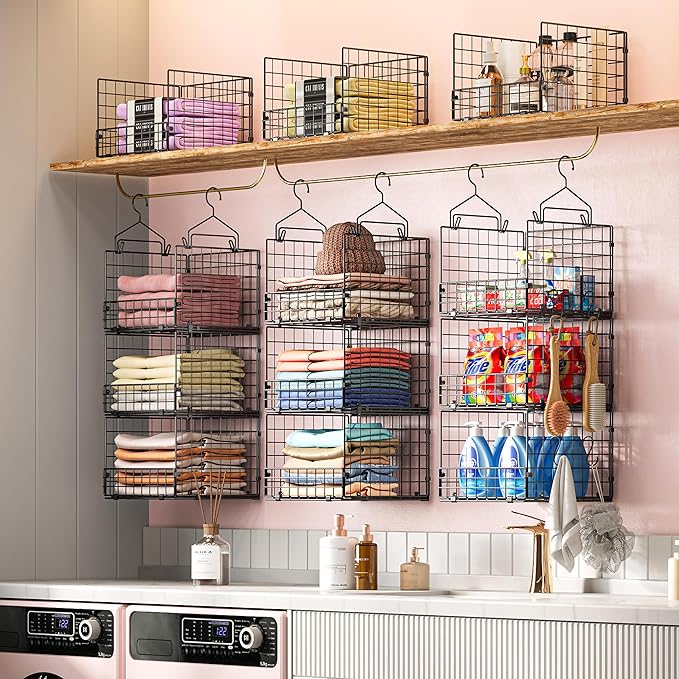 Sonyabecca 3-Tier Hanging Closet Organizer, Foldable Cabinet Wire Storage Basket Bins with 5 S Hooks, Closet Shelves & Hanging Closet Shelf for Clothing, Sweaters, Handbags, Hats