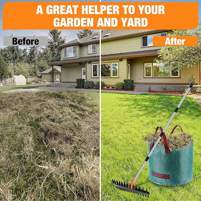 2-in-1 Thatch Rake with Dual Different Tines - Dethatcher Rake for Lawns, Versatile Lawn Rake for Thatch Removal and Soil Care, Heavy Duty Garden Rake Includes Reusable Waste Bag & Gloves