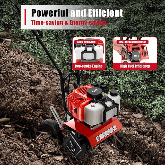 52CC Gas Powered Tiller Cultivator 2-Stroke Garden Cultivator Single-Cylinder Hand Rotary Cultivator Rototiller Garden Tool with Air-Cooling for Garden and Field Soil Cultivation 7000r/min