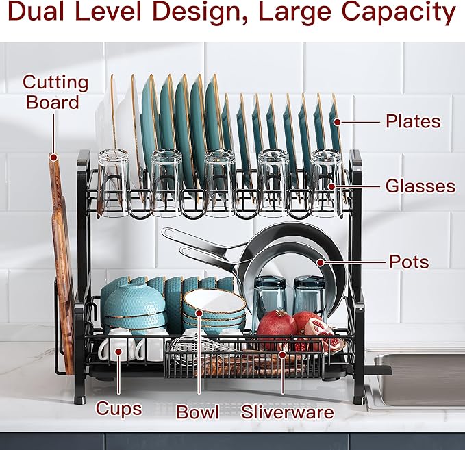 2 Tier Dish Drainers Drying Rack for Kitchen Counter Large Stainless Steel Dishes Drain with Drainboard, Space Saving, Big Modern Black Countertop Metal Plates Dryer Strainer Holder and Extra Tray
