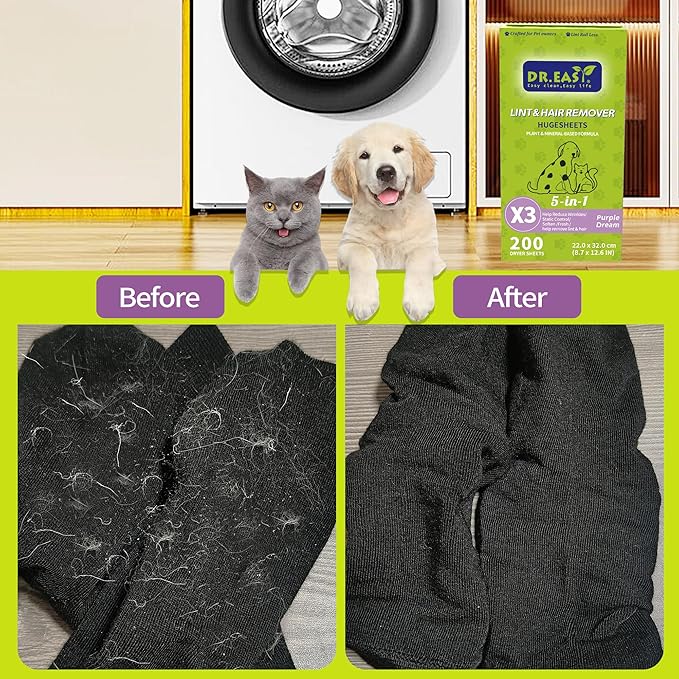 Dr.Easy LINT & HAIR REMOVER Pet HUGESHEETS with 3X Dryer Sheets, Lavender Fresh, 200 Count,PLANT&MINERAL-BASED FORMULA