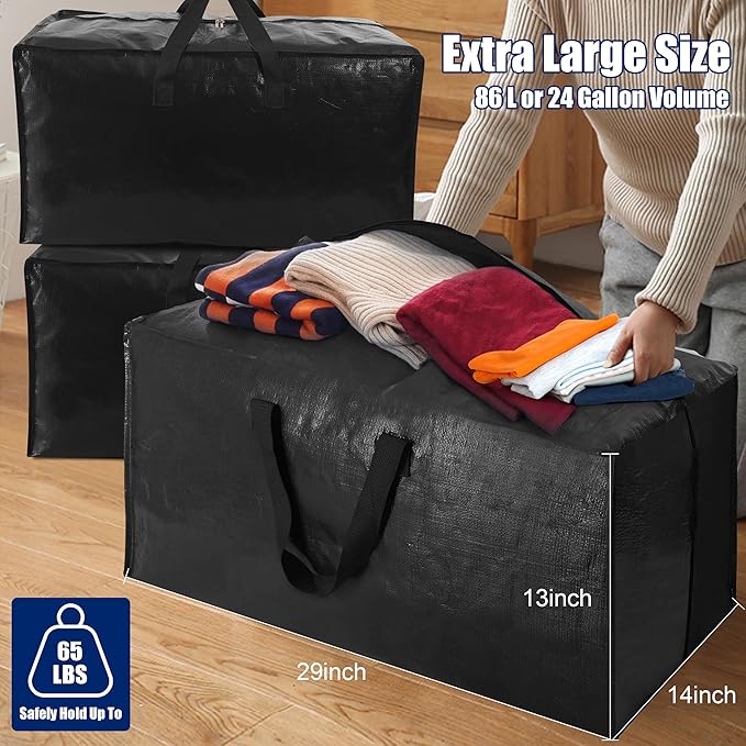 Cosy Family 4 Pack Heavy Duty Extra Large Moving Bags with Backpack Straps - Strong Handles & Zippers, Storage Totes For Space Saving, Fold Flat, Alternative to Moving Box (Set of 4, Black)