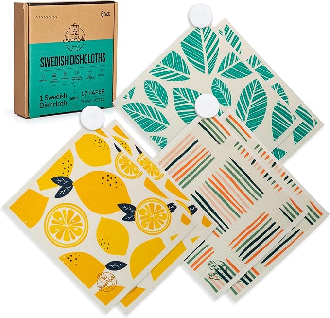 Harps&Seb Swedish Dishcloths for Kitchen Dishcloths - 6 Pack, Reusable Paper Towels with Clips, Super Absorbent Washable Non-Scratch Swedish Dish Towels, No Odor, Biodegradable