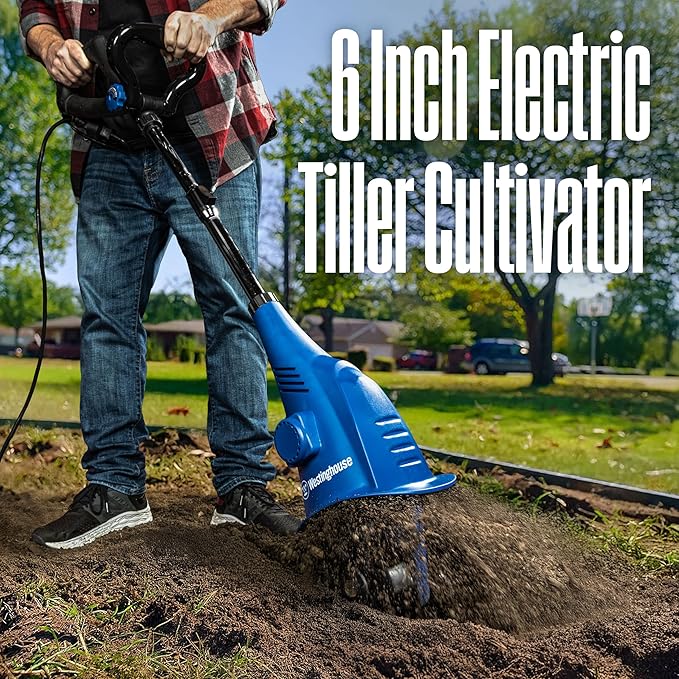 Westinghouse 6-Inch, 2.5 Amp Corded Electric Mini Tiller Cultivator for Gardening, Lightweight, 4 Steel Blades