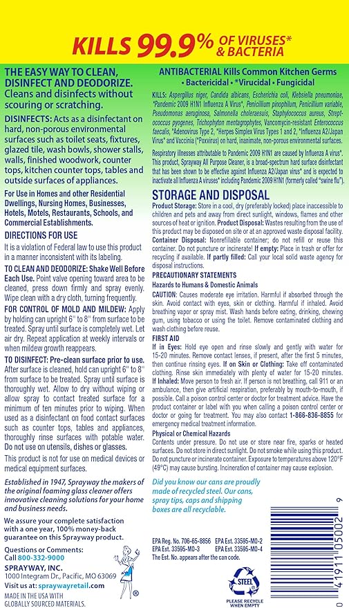 Sprayway All Purpose Disinfectant Cleaner, Foaming Action, 19 Ounce