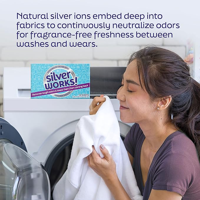 SilverWorks! Deodorizer Laundry Odor Eliminator For Clothes - Natural Silver Ion Infused Washer Sheets - Laundry Deodorizer Odor Eliminator - Lasting Laundry Odor Remover Dryer Deodorizer –24 Loads