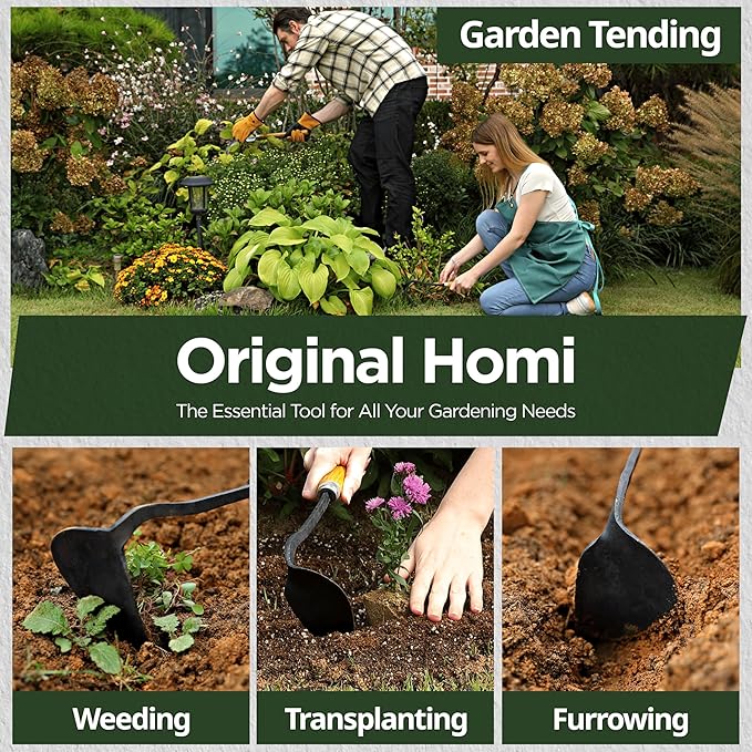Original Homi Hand Hoe Left-Handed - Traditional Handmade Korean Garden Tool for Weeding Digging & Planting with Forged Steel & Chestnut and Acacia Wood Handle