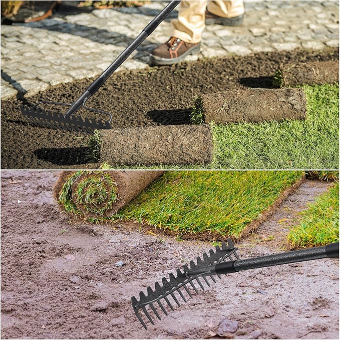 60'' Heavy Duty Garden Rake with Stainless Steel Handle, Metal Head for Loosening Soil, Gathering Leaves, Leveling Lawns