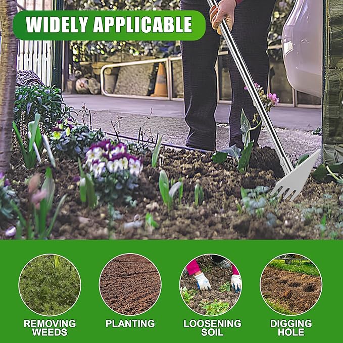 Dual Headed Hoe Garden Tool, Adjustable Long Handle Weed Puller, Stainless Steel Hoe Cultivator and Weed Rake Gardening Tool, for Gardening Planting, Weeding, Digging, Loosening Soil
