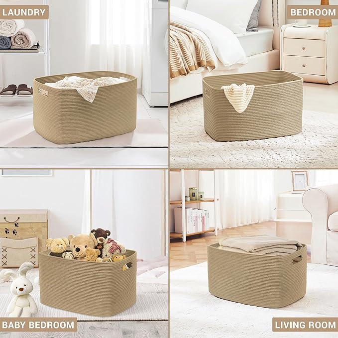 72L Large Wicker Laundry Basket for Living Room Storage,Boho Woven Cotton Rope Baskets for Kids Toy,Gifts,Square Blanket Hamper for Bedroom Dirty Clothes,Jute
