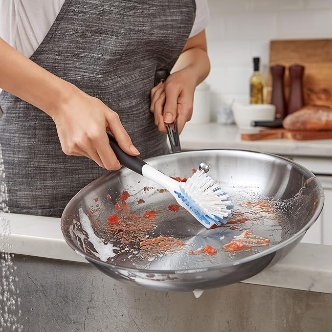 OXO Good Grips Dish Brush, Nylon Bristles with Built-in Scraper, Safe for Non-Stick Cookware, Non-Slip Handle, Dishwasher Safe
