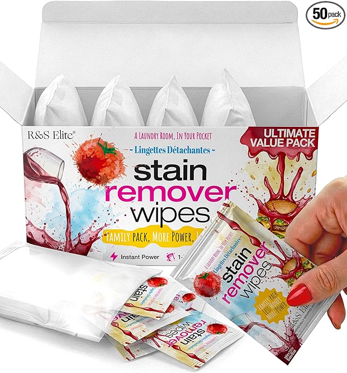 Stain Remover Wipes - 50 PCS Individually Wrapped – Instant Stain Remover for Clothes, Fabric & Jackets – Portable No-Rinse Cleaner for Travel, Purse & Diaper Bag – Removes Grease, Food & More