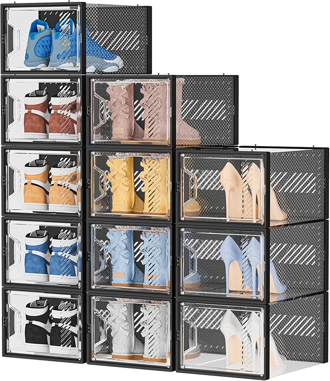 SIMPDIY Shoe Storage, 12 Pack X-Large Shoe Organizer for Closet, Shoe Boxes Clear Plastic Stackable Shoe Storage Boxes for Size 13