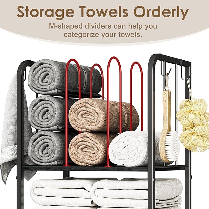 Towel Racks for Bathroom 3-Tier, Durable Metal Towel Rack Stand, Pool Items Holder, M-Shaped Detachable Dividers for Towel Storage, Space-Saving Storage Organizer Black, Patent Pending