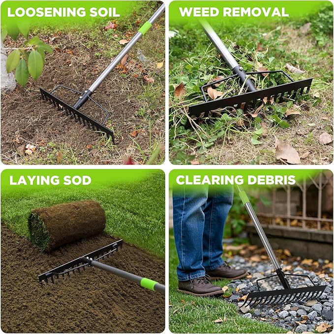 WORKPRO 65 Inch Bow Rake, 17 Tines Metal Head Rakes with High Strength Handle, Heavy Duty Garden Rake with Adjustable Handle for for Loosening Soil, Gathering Leaf, Leveling Lawn, Farming Land