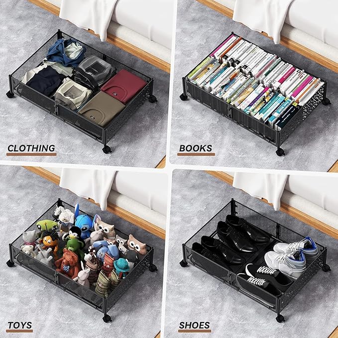 PHINOX Under Bed Storage Containers with Wheels, Under Bed Shoe Storage Organizer Drawer, Tool-free Assembly Metal Storage Containers for Bedroom Clothes Shoes Blankets -2PCK