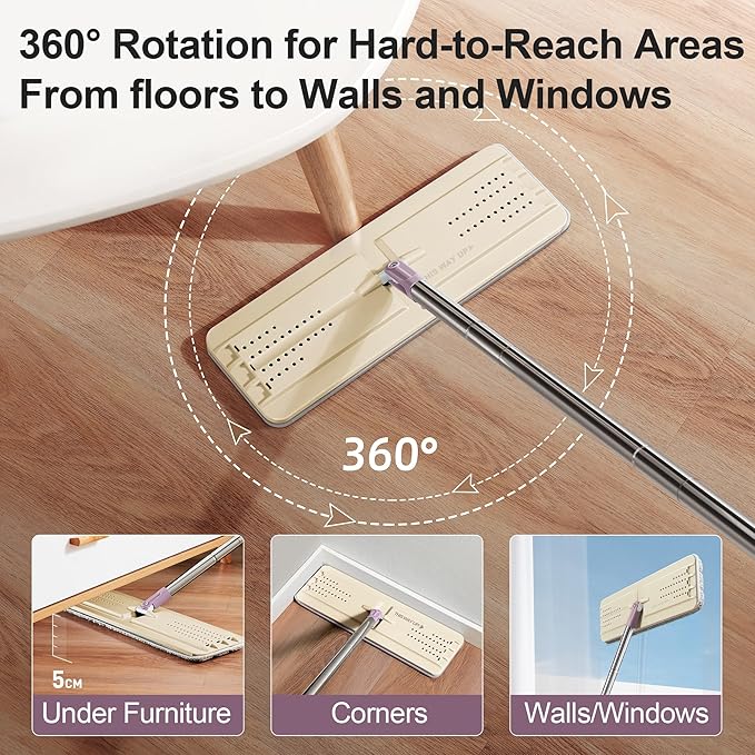 JOYMOOP Mop and Bucket Set (Beige & Blush Brown) with Extension Handle, Ideal for Floor, Window, and Wall Cleaning - Includes 3 Washable Microfiber Pads for Wet and Dry Use
