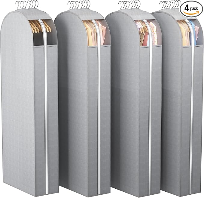 Liuoud 10" Gusseted Garment Bags for Hanging Clothes with clear window, 60" Suit Bags for Open Closet Storage, Clothing Cover for Coat, Dress, Jacket, Shirt, Fur Wardrobe Protector, 4 Packs