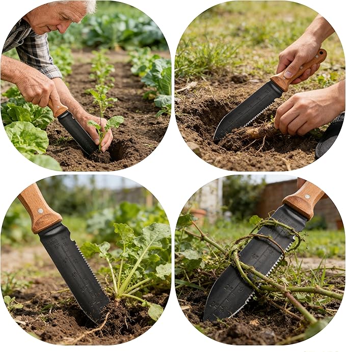 Hori Hori Garden Knife, 7" Stainless Steel Blade Heavy Duty Gardening Tool, Full-Tang Wooden Handle with Hanging Hole & Oxford Sheath for Weeding Digging Planting Cutting