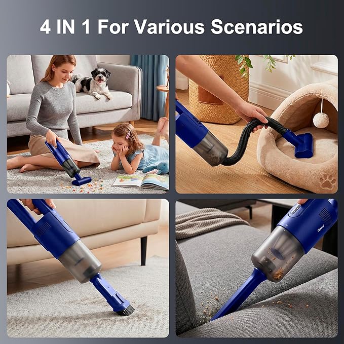 Handheld Vacuum Cordless, 5-in-1 Car Vacuum Portable Cordless 30 Mins Rapid Rechargeable Hand Vacuum Brushless Motor 19000Pa Strong Suction, Dust Busters for Car Home with 4 Nozzles, Blue