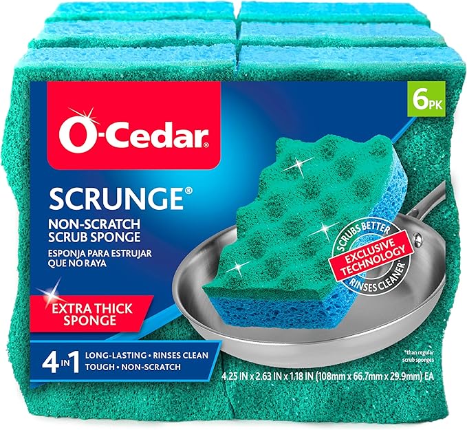 O-Cedar Scrunge Non-Scratch Scrub Sponge (Pack of 6) Multi-Use, All-Purpose, Odor-Resistant, Scrubbing Sponge Safely Cleans All Hard Surfaces in Kitchen and Bathroom
