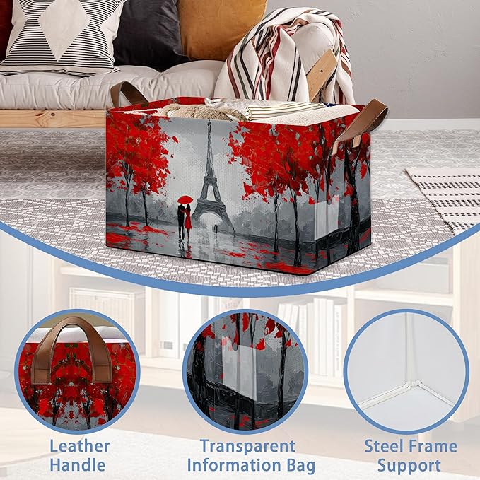 Eiffel Tower Storage Basket,Paris Couple Collapsible Storage Bin Cubes for Living Room Bedroom Blankets Home Storage 17x11.5x10Inch