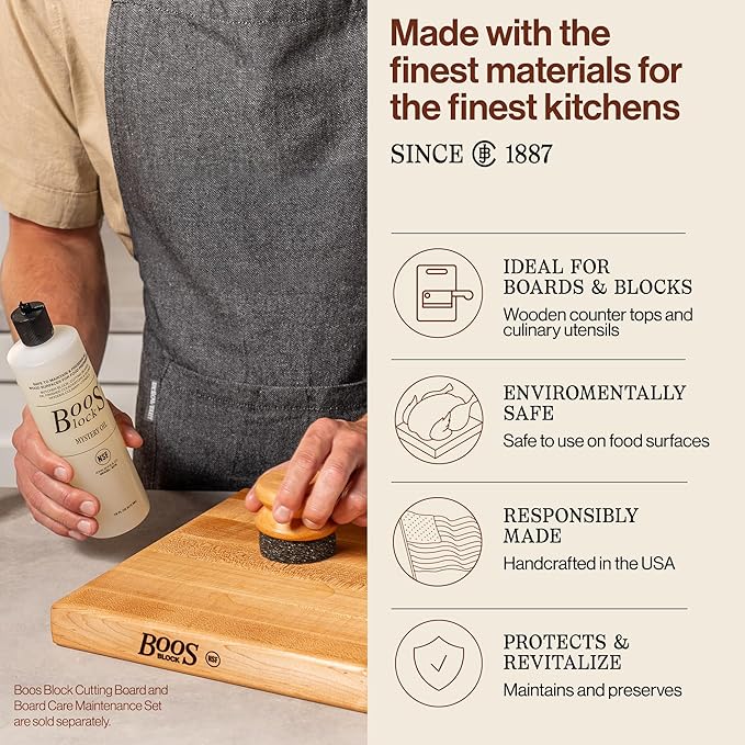 John Boos 2-Piece Care Set, 16 oz Mystery Oil & Round Beechwood Applicator - All-Natural Maintenance Formula for Butcher Blocks, Cutting Boards, Wooden Countertops & Wood Utensils