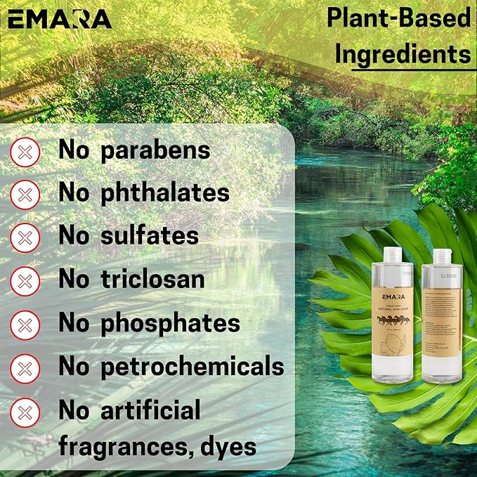 EMARA All-Natural, Non-Toxic Dish Soap Liquid - 17 fl oz (500ml) - Hypoallergenic, Organic, Cuts Grease & Food Residue, Lemon and Orange Scent, Pack of 2