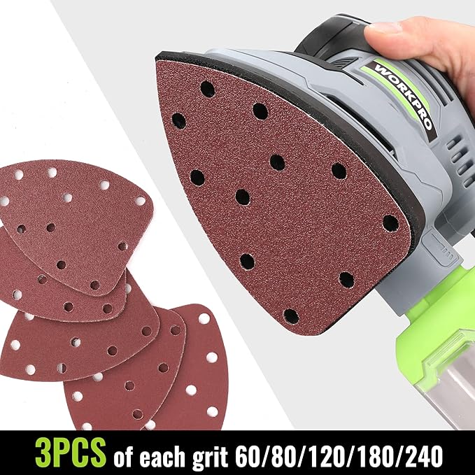 WORKPRO Detail Sander, 13,000 OPM Compact Electric Sander with Dust Collector, 1.6Amp Power Sander with 15PCS Sanderpapers for Tight Spaces Woodworking