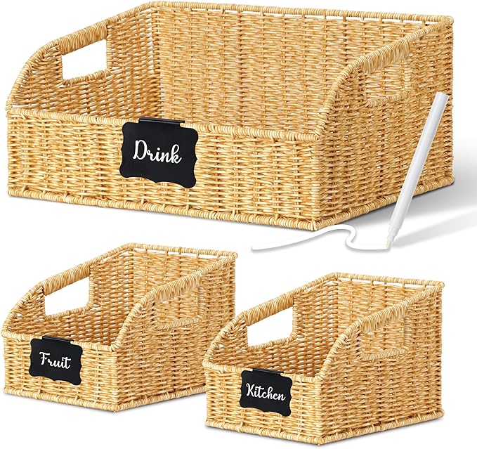 Pantry Organizers and Storage Basket for Organizing with Handles, Large Woven Storage Baskets for Shelves, Kitchen, Laundry, Waterproof Storage Bins for Fruit, Bread, Vegetable, 3Pack, Natural