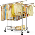 Raybee Heavy Duty Clothes Rack Load 630 LBS, Double Rods Rolling Clothing Rack with 360° Lockable Wheels, Easy Assembly, Portable Adjustable Garment Rack with Shelves for Home & Commercial, Chrome