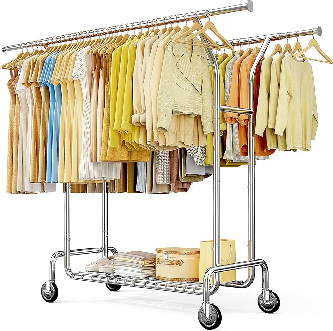 Raybee Heavy Duty Clothes Rack Load 630 LBS, Double Rods Rolling Clothing Rack with 360° Lockable Wheels, Easy Assembly, Portable Adjustable Garment Rack with Shelves for Home & Commercial, Chrome