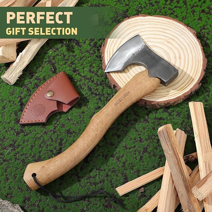 PURPLEBIRD Hatchet Axe with Sheath for Camping, 15 Inch Bushcraft Axe Carbon Steel Chopping Axes Wood Handle Splitting Axes, Hand-Forged Camping Hatchet for Carving Bushcraft Outdoor Forest Garden