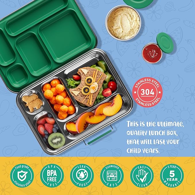 AOHEA Stainless Steel Bento Box Kids, Kids Metal Bento Lunch Box BPA Free Lunch Box Containers 304 Stainless Steel Bento Box for School and Office(Green)