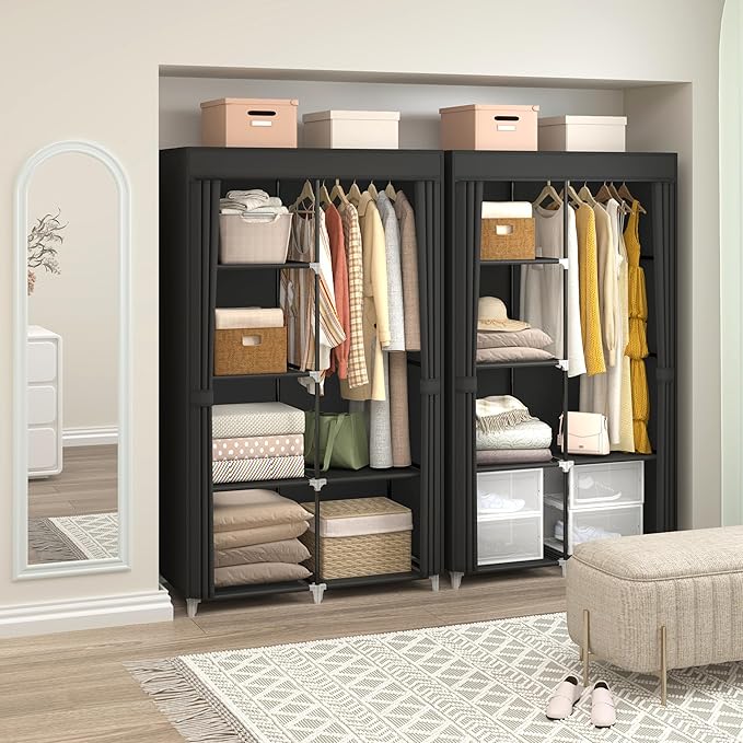 MOGELAFOO 35 Inch Portable Closet for Small Room, Clothing Organizer Storage Rack with Non-Woven Fabric Cover, 1 Clothes Hanging Rod, 6 Storage Shelves, Black