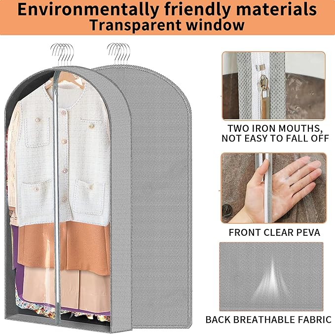3 Pcs Garment Bags, 40" & 50" PEVA Moth-Proof Breathable Dust Cover, Hanging Clothes Covers with Bedroom, Suits, Padded Clothes, Shirts Prevent Dust