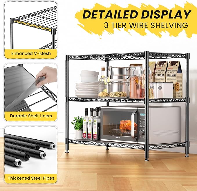 3-Tier Storage Shelves 795LBS Metal Shelving Unit, Adjustable Wire Rack Small Shelf Organizer with Shelf Liners for Kitchen Pantry Office Closet Garage 24" W x 14" D x 30.5" H Black